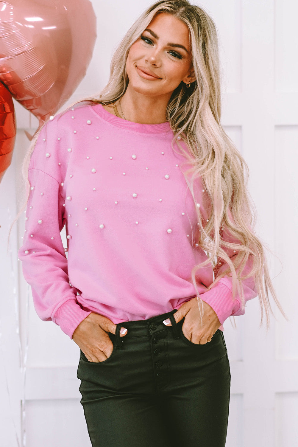 Pearl Detail Ribbed Crew Neck Sweatshirt