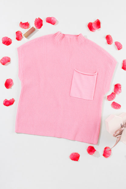 Pink Patch Pocket Ribbed Knit Short Sleeve Sweater