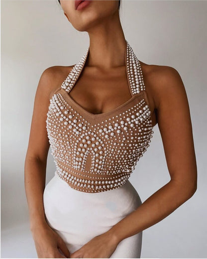 Halter dress with pearl beading